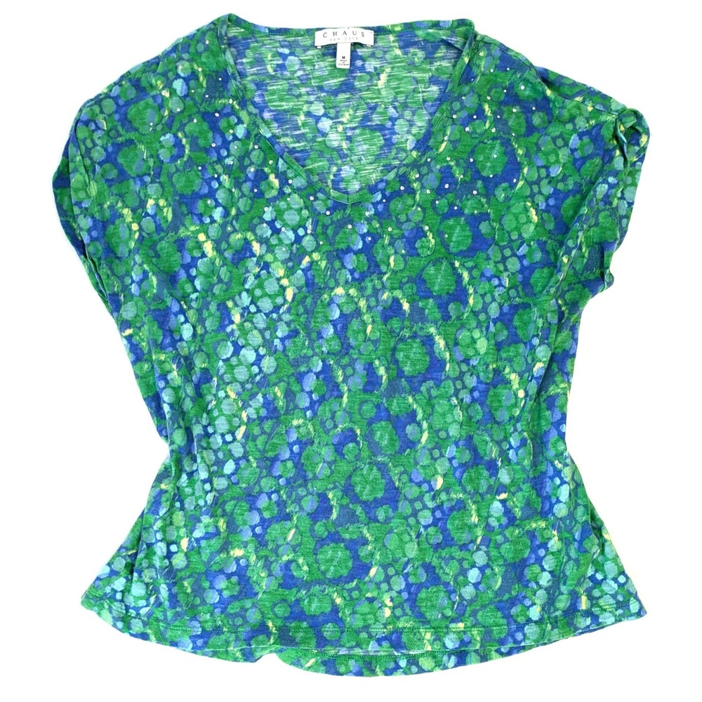 Chaus New York Green Blue Abstract Bubble Print V-Neck Rhinestone Top Medium